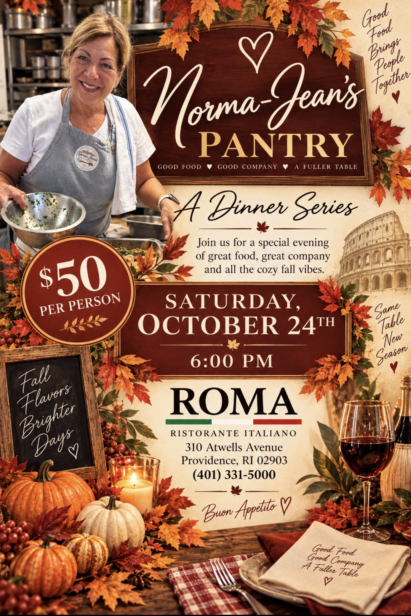Autumn dinner flyer for October 24 at Roma Ristorante