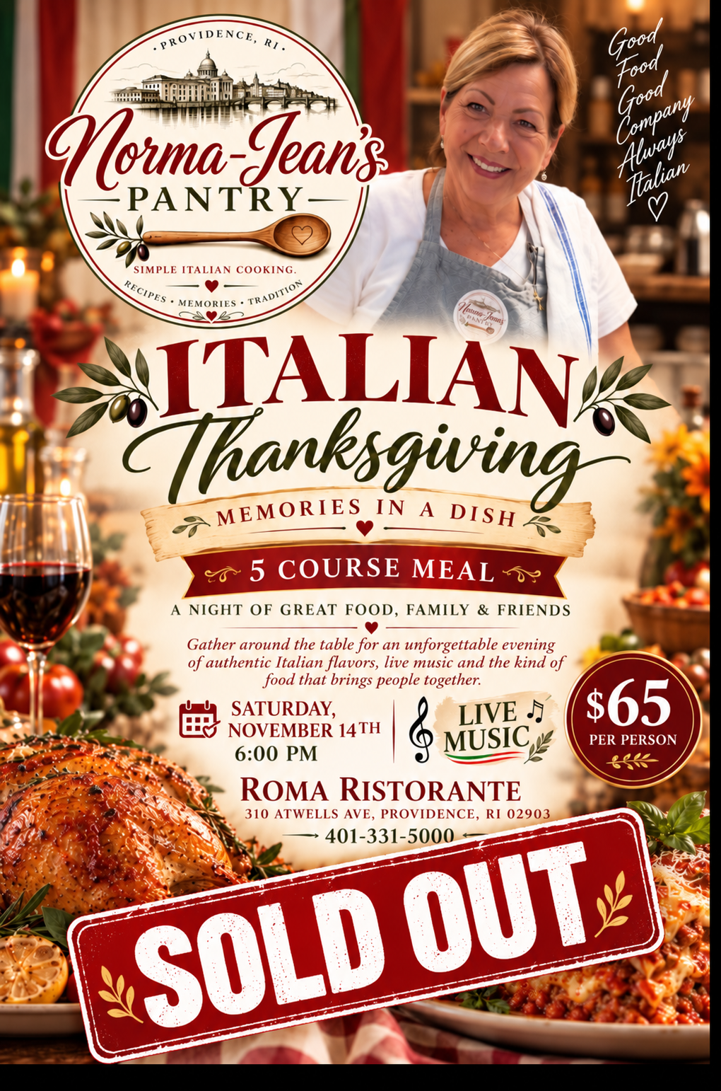 Italian Thanksgiving flyer with sold out banner